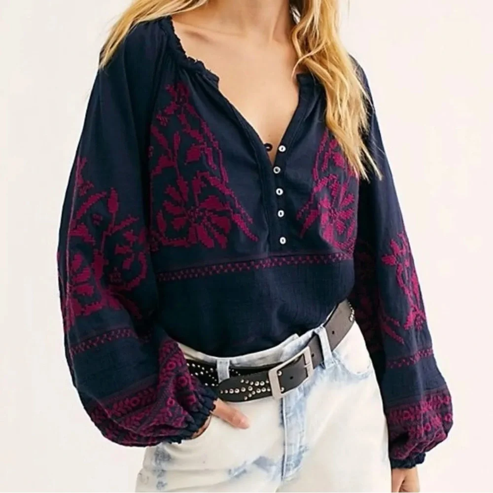 Free People Persuasion Embroidered Boho Floral Blouse size medium - Picture 4 of 14